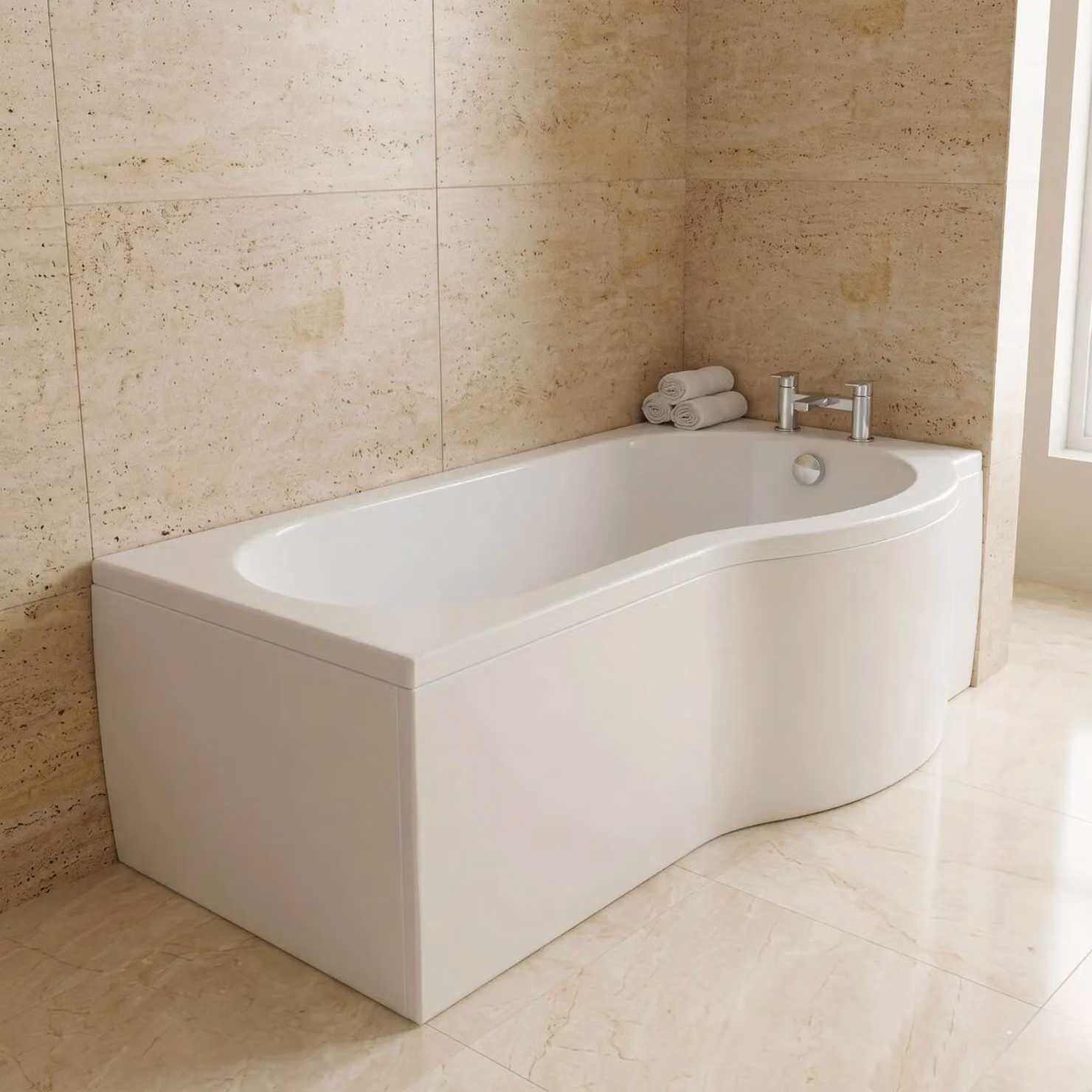 Balterley Modern Asymmetric P Shape Right Hand Shower Bath with Leg Set, White, W: 150 cm, D: 42 cm, H: 70 cm – 2