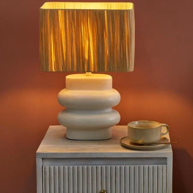 Wyld and Coco Rectangular Table Lamp with White Paper Shade and Natural Ceramic Base