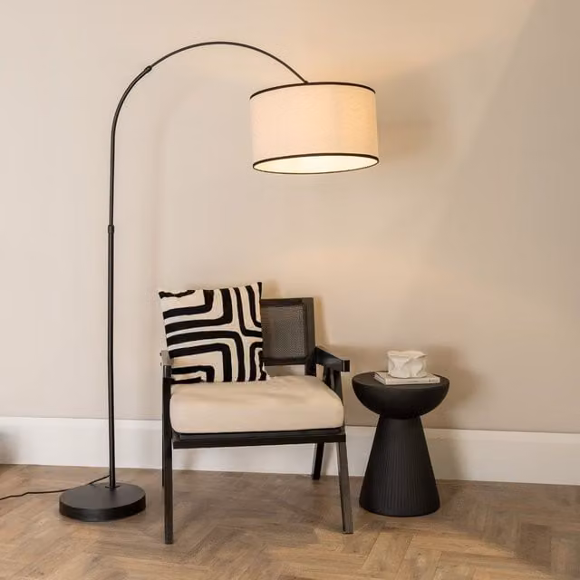 ValueLights Louis Black Metal Arched Floor Lamp with White Fabric Drum Shade and LED Bulb