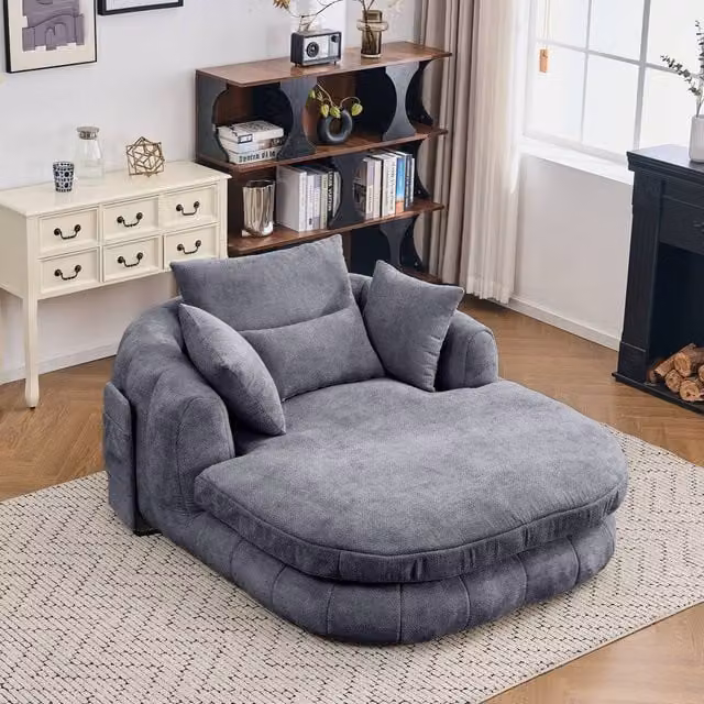 Matteo Oversized Plush Chenille Chaise Lounge Sofa with Pillows, Grey
