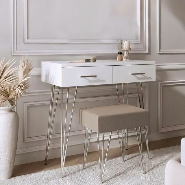 CARME HOME Olivia White Dressing Table and Padded Stool Set with 2 Drawers and Metal Legs