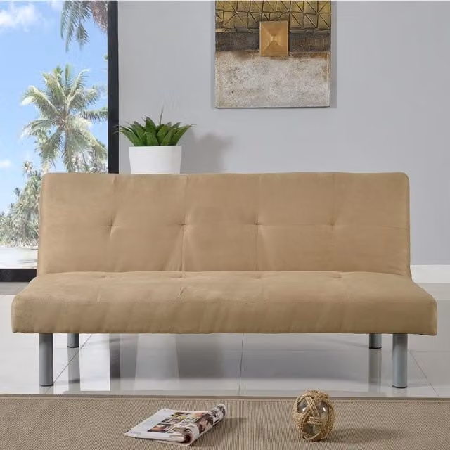 Comfy Living 3 Seater Click Clack Sofa Bed in Beige Microfibre with Solid Wood Frame