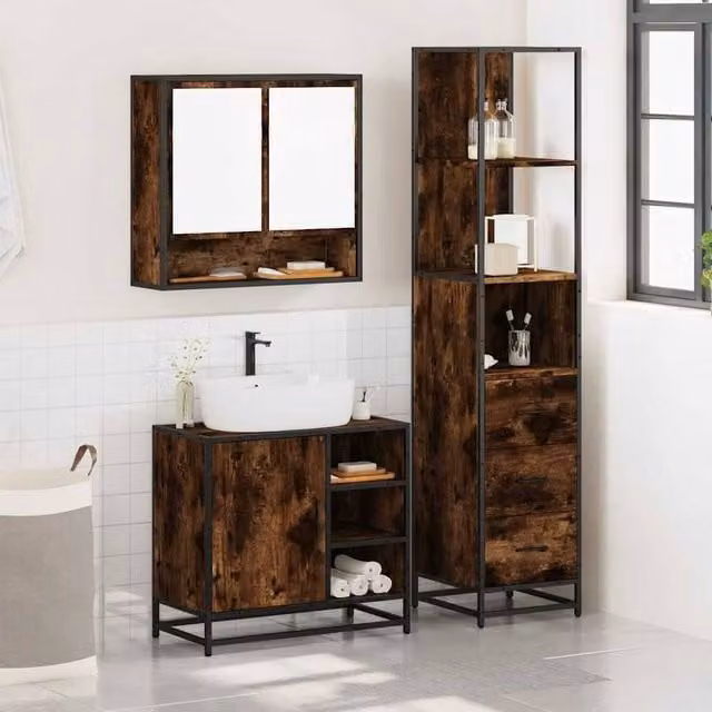Berkfield Home 3 Piece Industrial Bathroom Furniture Set in Brown Smoked Oak – 1