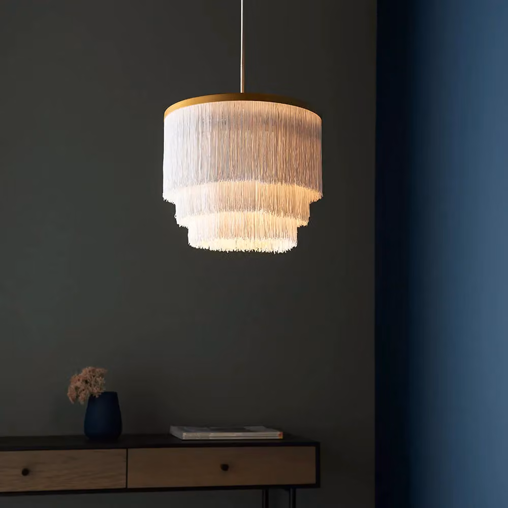 Loops Matt Gold Ceiling Pendant Light Fitting with White Tassels and Diffused Light Effect – 2