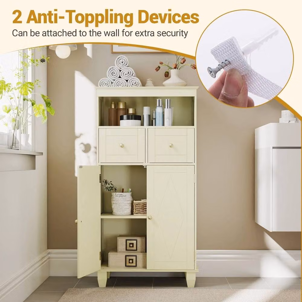 FORGEVIO Freestanding Pine Wood Bathroom Floor Storage Cabinet with Shelves and Drawers in Beige – 2