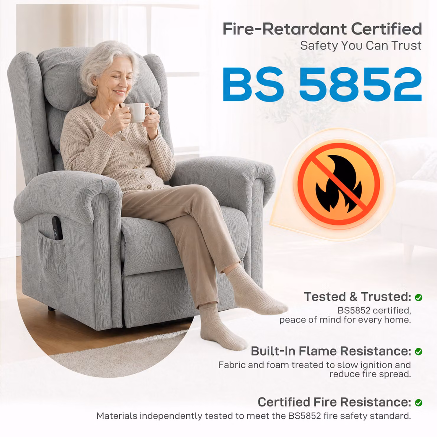 HOMCOM Grey Velvet Electric Riser Recliner Chair with Powered Lift Assist – 4