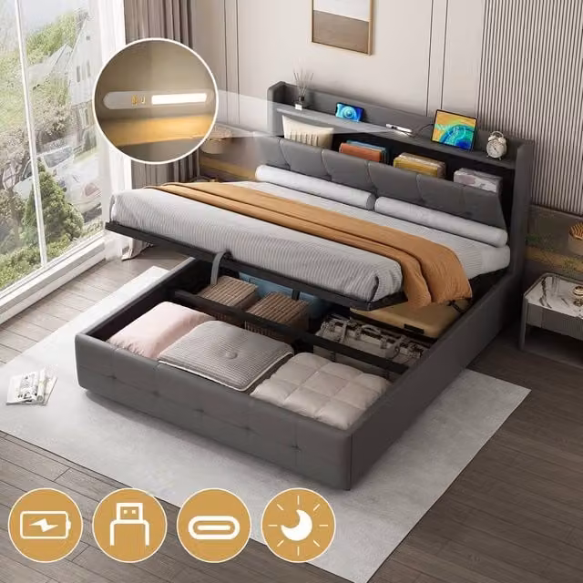 Matteo King Upholstered Ottoman Bed with Storage and USB Charging Ports in Grey (W/D: 180 x 200 cm)