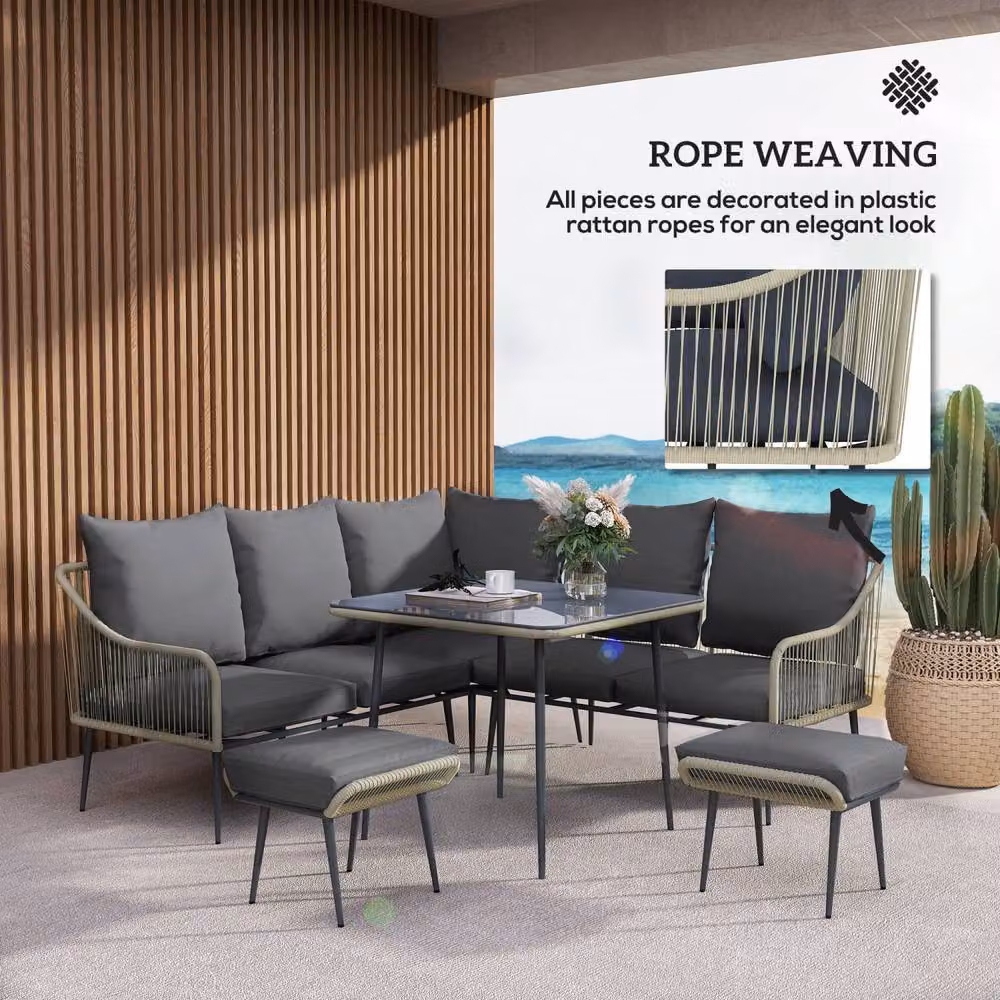 Wyld Haus Vika 7 Seater Dark Grey Rattan Garden Sofa Set with Coffee Table and Stools – 8