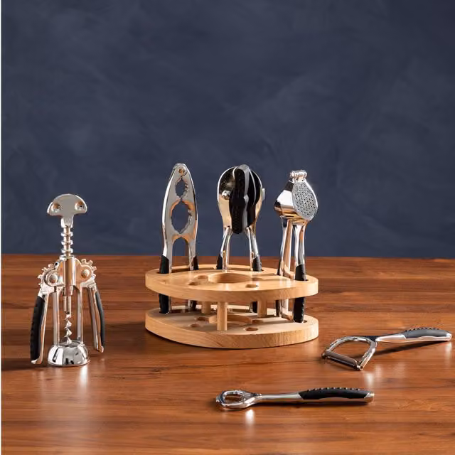 Orsina 7-Piece Silver Kitchen Tool Set with Natural Wood Stand – 4