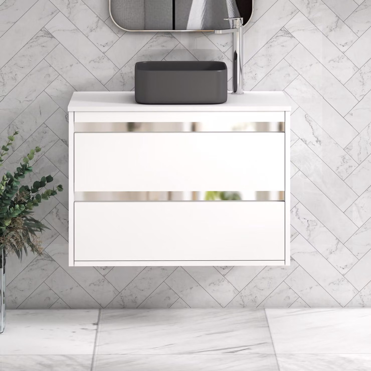 Royal Bathrooms Orion 800mm Matt White Wall Hung 2 Drawer Vanity Unit with Art Square Basin and Chrome Accent Trim