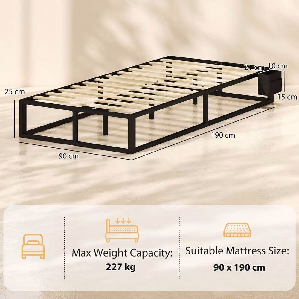 KORVIXA Single Metal Platform Bed Frame with Side Compartments and Storage Bag in Black, 90 x 200 cm – 2