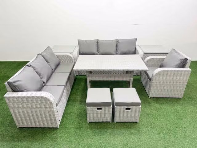 Fimous 9 Seater Poly Rattan Outdoor Garden Furniture Set in Grey with Rectangular Dining Table, 3 Seater Sofa, Reclining Chairs and Stools