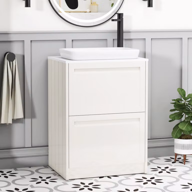 Royal Bathrooms Elmore 600mm Classic White Floor Standing Vanity Unit with 2 Drawers, Plain White Worktop and Qubix Basin