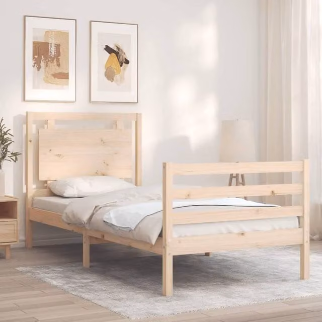 Berkfield Home Beautiful Bed Frame with Headboard in Beige Solid Pine Wood, W/D/H: 100 x 200 cm – 1