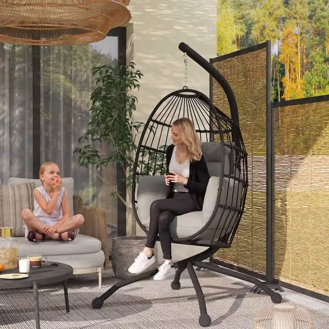 Outsunny Hanging Egg Chair with Folding Basket and Cushions in Dark Grey