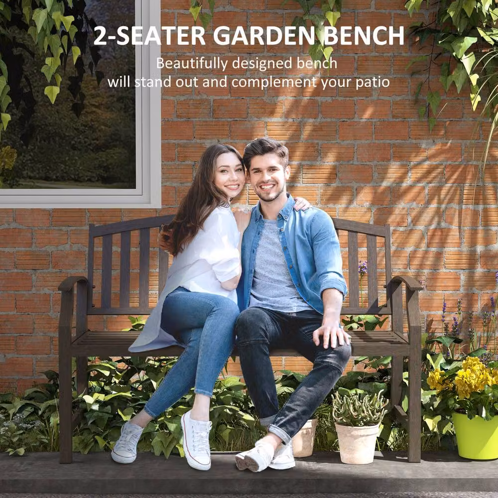 OUTSUNNY Brown Garden Bench with Slatted Seat, Backrest and Curved Armrests – 3