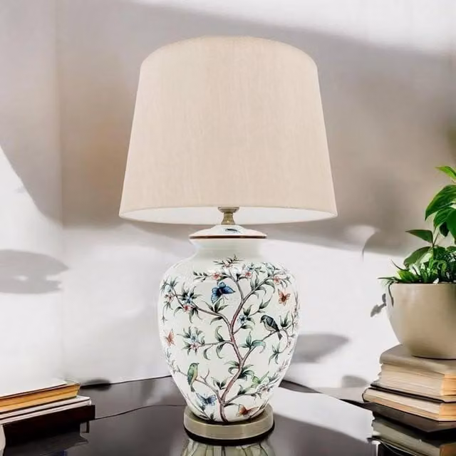 Minster Ceramic Table Lamp and Shade in White, W/D/H: 28 x 28 x 51 cm