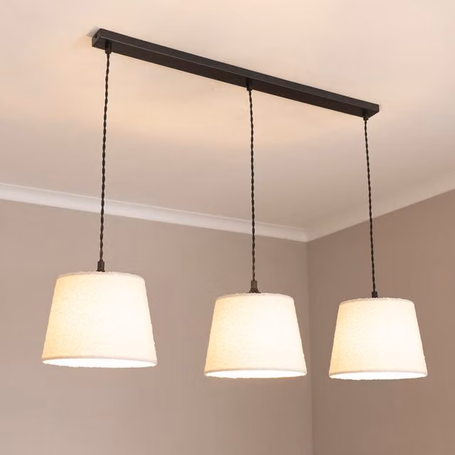 Rory 3 Drop Bar Matte Black Pendant Ceiling Light with Cream Boucle Fabric Shades and LED Bulbs