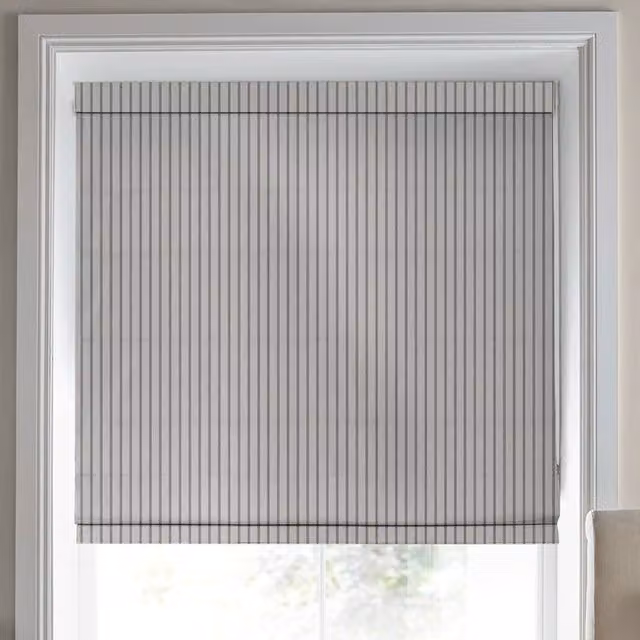 Laura Ashley Burnsall Stripe Made To Measure Blackout Roman Blind in Moonbeam Beige and Grey