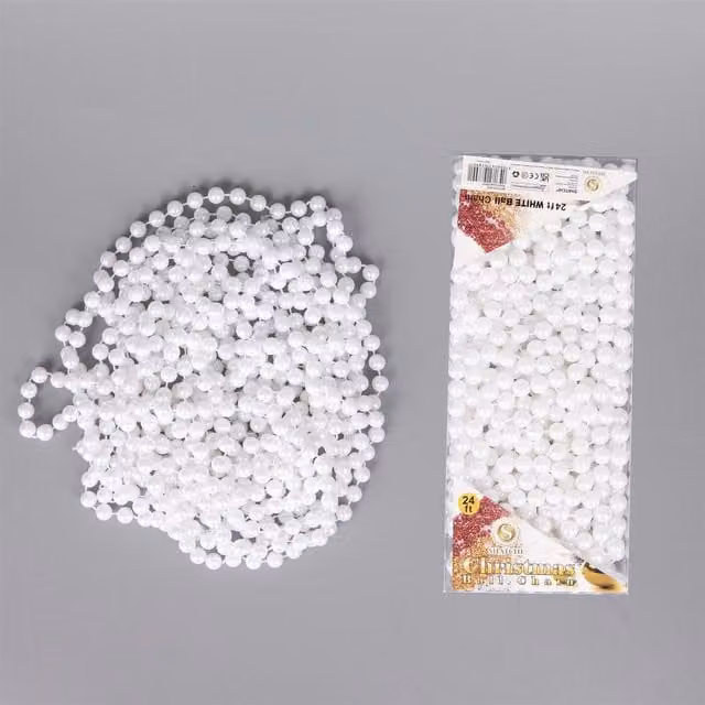 Shatchi White Shiny Christmas Bead Chain Metallic Pearl Garland for Tree Hanging Decorations, 7.2m – 1