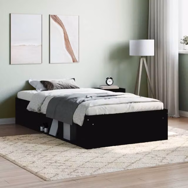 Berkfield Home Modern Black Engineered Wood Bed Frame with Side Compartments W/D/H: 90 x 200 cm