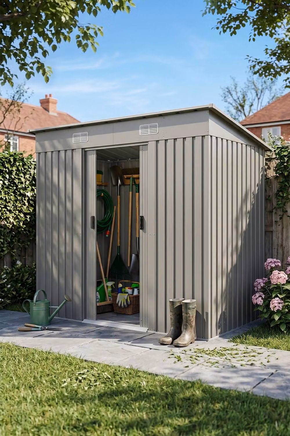 Garden Sanctuary Metal Pent Roof Garden Tool Shed in Grey, W/D/H: 243.84 x 182.0 x 238.0 cm – 2
