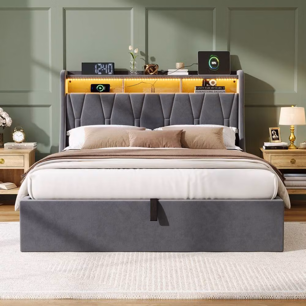 Rolipo Grey Velvet Double Ottoman Storage Bed with LED Lighting and USB Charging Port, W/D/H: 140 x 200 cm – 2