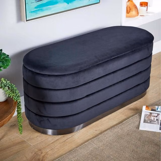 Home Source Cake Velvet Single Ottoman in Black