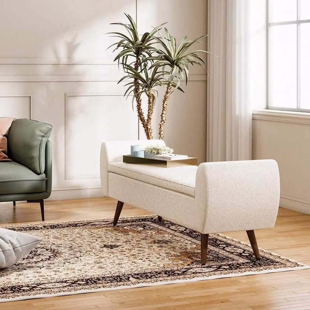 KORVIXA Beige Teddy Velvet Upholstered Cube Storage Pouffe, W/D/H: 100 x 100 x 55 cm – 2