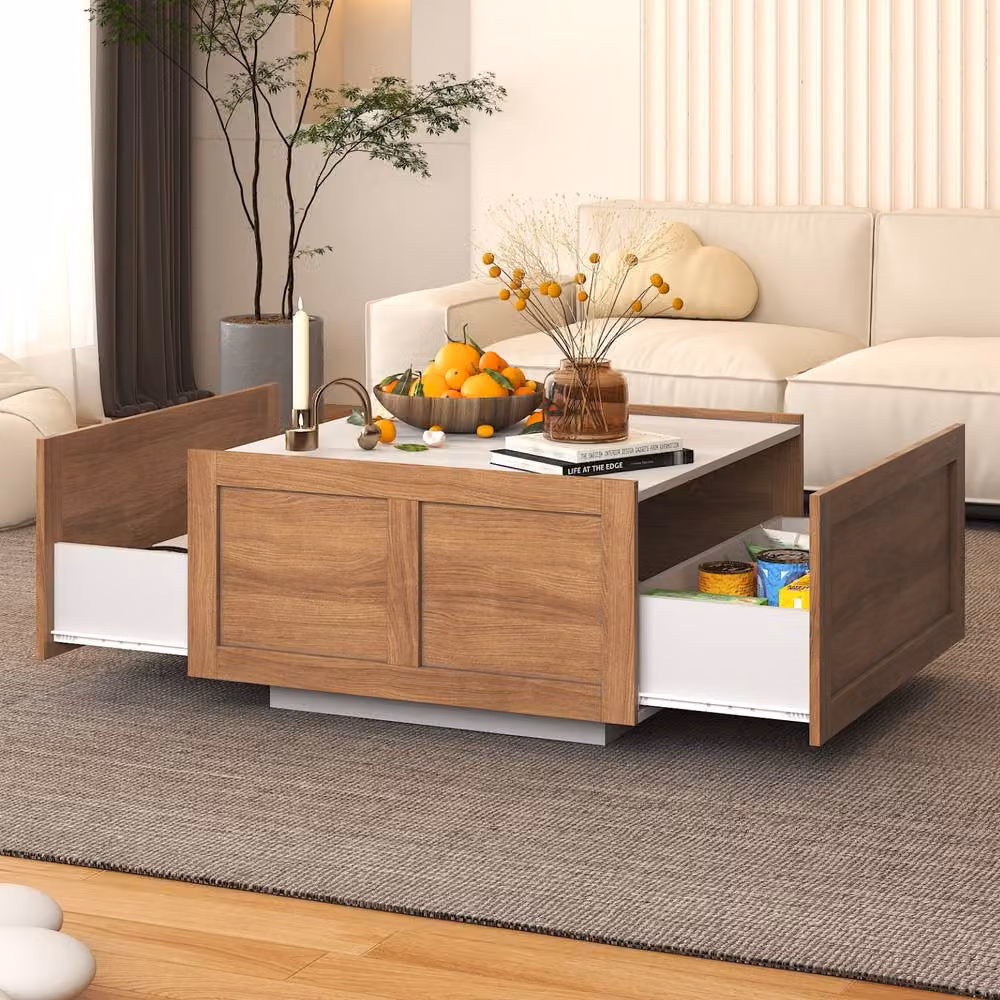 KEEPREAPER Mid-Century Farmhouse Square Coffee Table with 2 Storage Drawers in Light Brown – 2