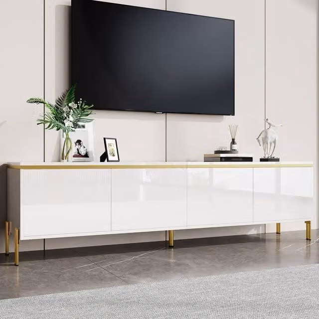 BTM High Gloss TV Stand with 4 Doors and Gold Edging in White, W/D/H: 170 x 50 x 38 cm – 1