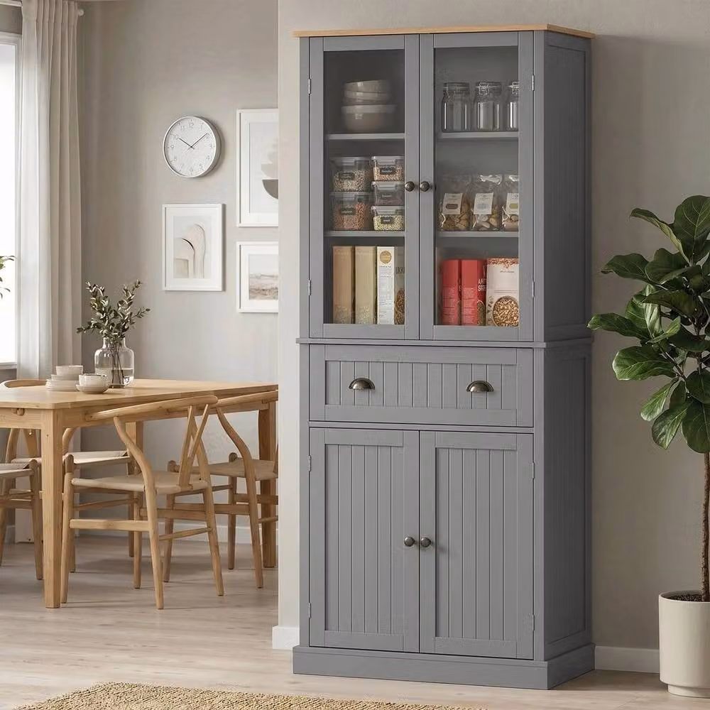 FORGEVIO Tall Kitchen Storage Cabinet with Glass Doors in Grey, W/D/H: 40.0 x 76.0 x 182.5 cm – 2
