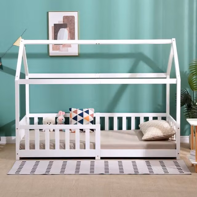 HMD Furniture Solid Pine Childrens House Frame Bed in White