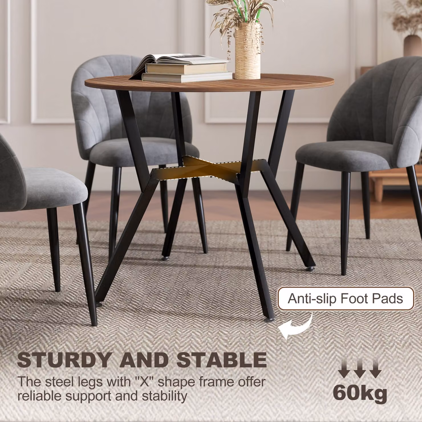 HOMCOM Round Brown Wood Dining Table with Black Metal Legs, W/D/H: 90 x 76 x 76 cm – 6