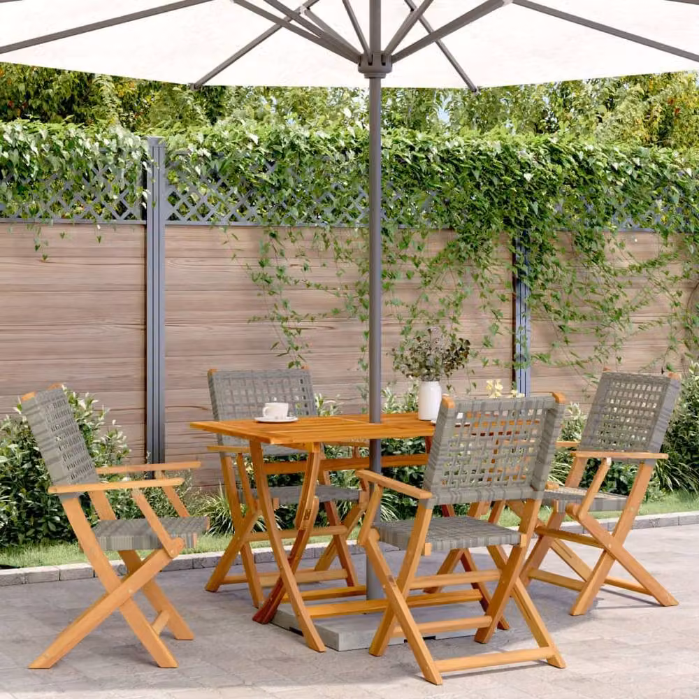 Berkfield Home Set of 4 Grey Poly Rattan and Acacia Wood Folding Garden Chairs – 2