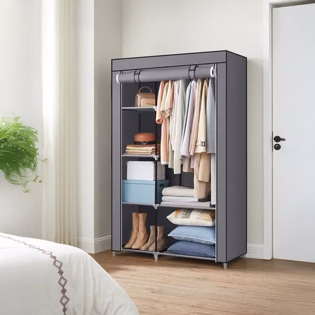 SONGMICS Portable Fabric Wardrobe with 6 Shelves and 4 Rails, Grey, Width: 105 cm
