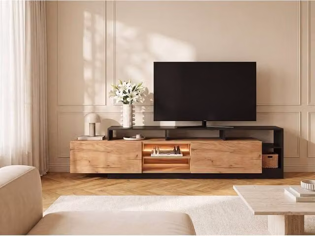 Vente-unique Modern 2-Door TV Unit with 6 Recesses and LEDs in Light Natural and Grey – 1