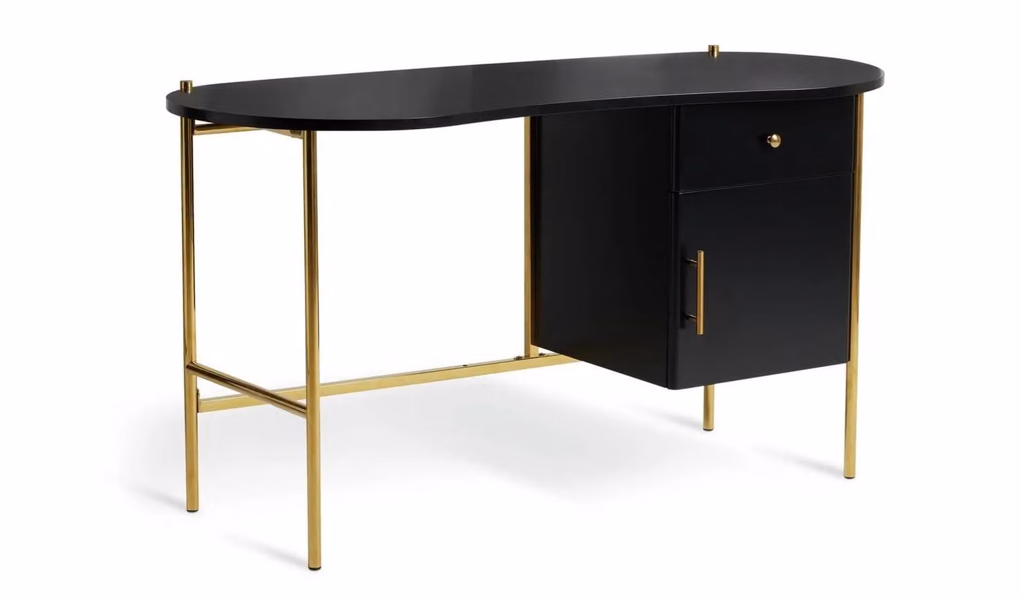 Jelly Bean Modern Black and Gold Writing Desk for Home Office with Single Pedestal and Metal Legs W/D/H: 137.5 x 57.5 x 74.2 cm