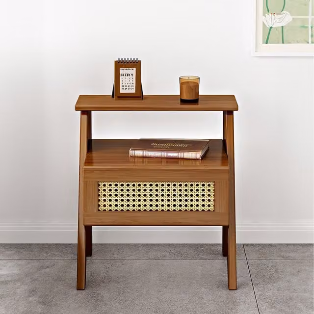Komore Modern Brown Wood and Rattan Freestanding Bedside Table for Bedroom or Living Room