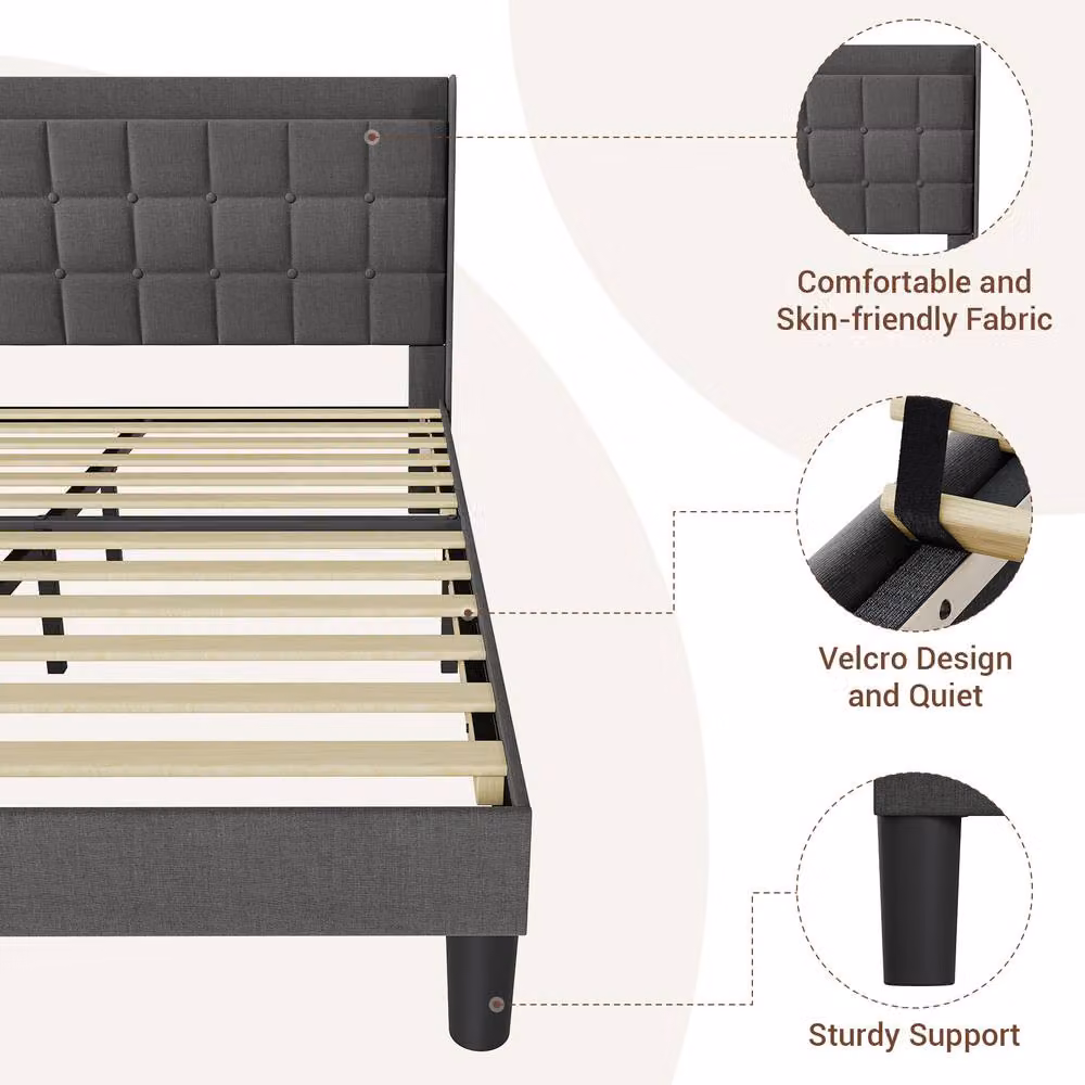 Dprodo King Size Bed Frame with Grey Linen Upholstered Tufted Headboard and USB Charging Ports, W/D/H: 180 x 200 cm – 10