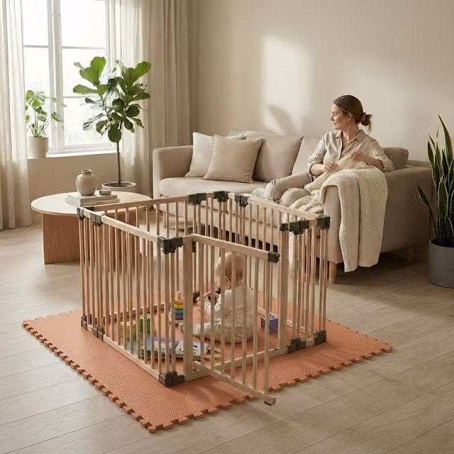Safetots Hexagonal Wooden Play Den with Soft Foam Play Mat, Dusty Blue and Natural, W/D/H: 180 x 150 x 80 cm