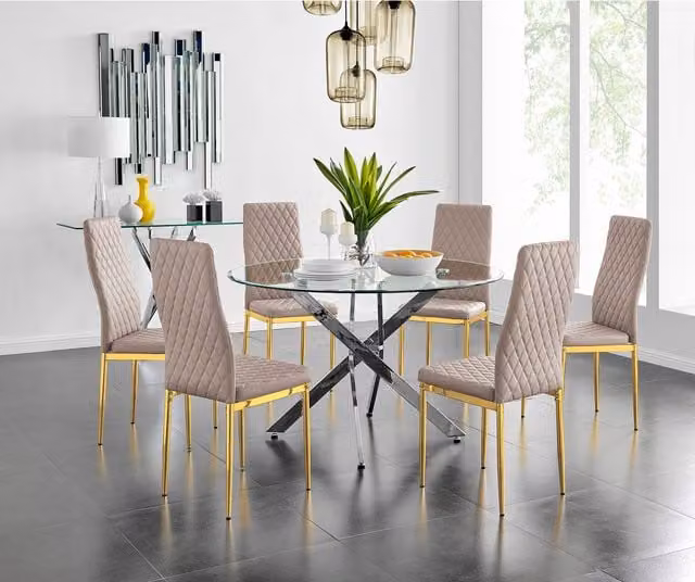 FurnitureboxUK Novara Round Glass Dining Table and Six Milan Chairs in Cappuccino with Gold Legs