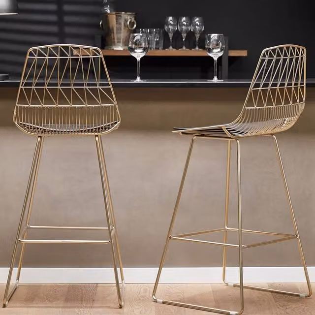 Wyld and Coco Set of 2 Gold Bar Chairs with Faux Leather Seats