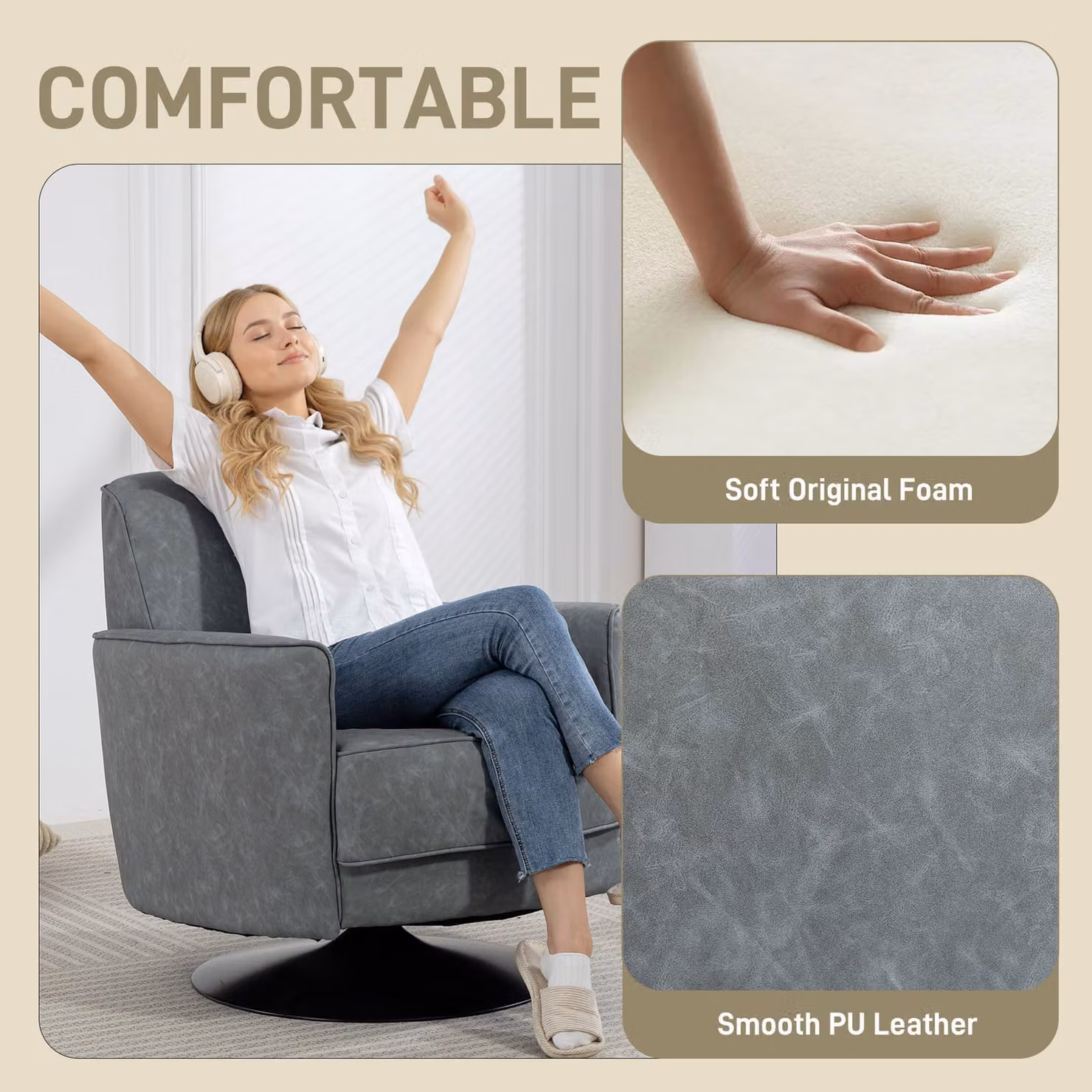 HOMCOM Grey Upholstered Swivel Accent Chair with Armrests and Spring Core Support – 3