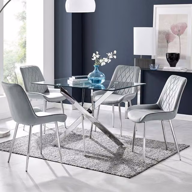 FurnitureboxUK Leonardo Rectangular Glass Dining Table with Four Grey Pesaro Silver Leg Chairs