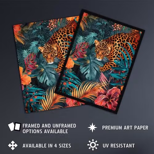 Artery8 Fierce Leopard Exotic Floral Jungle Plants Large Wall Art Poster Print, Multicolour, W: 45.7 cm x H: 61.0 cm – 2