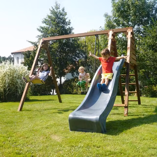 Trefle Triple Wooden Swing Set with Slide, Brown
