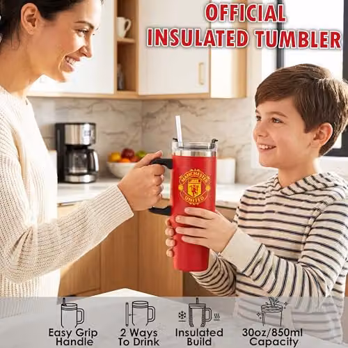Get Trend Manchester United Insulated Stainless Steel Tumbler with Straw and Handle, Red, 850ml – 2