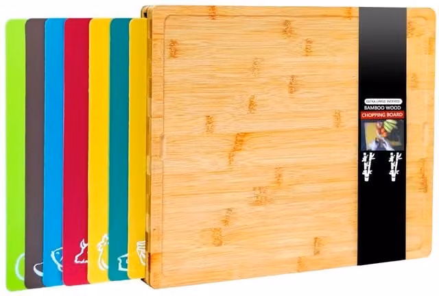 Dyzi 8-in-1 Bamboo Chopping Board Set with 7 Multicolour Food Preparation Mats in Brown
