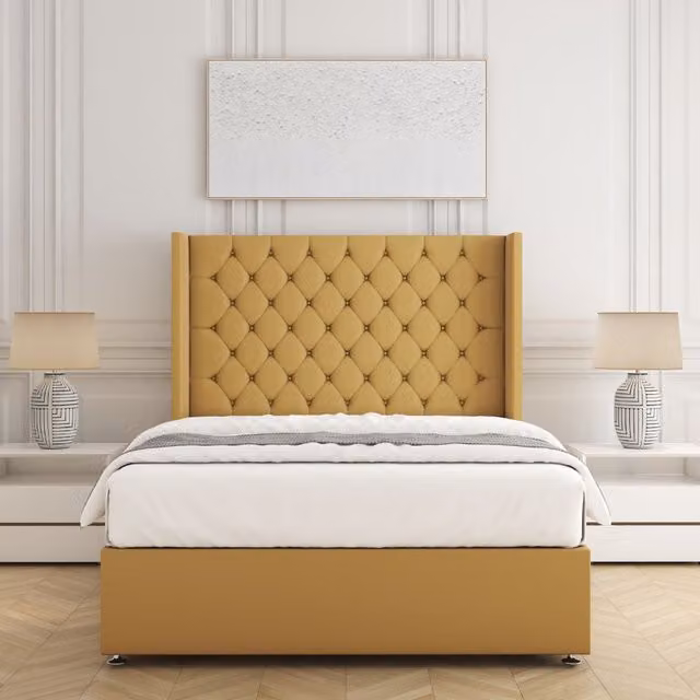 BSSPOKE Winchester Double Divan Bed Set with 54 inch Headboard and Mattress in Yellow Plush Velvet, W/D/H: 140 x 200 cm